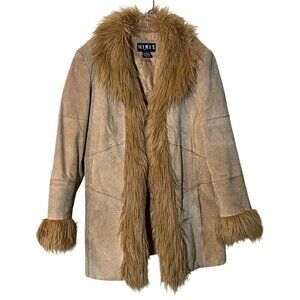 Vintage Mixit Penny Lane Womens XL Genuine Leather Tan Coat With Faux Fur Y2K